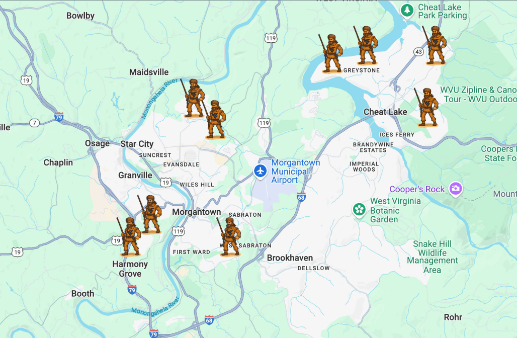 Map of service areas in Morgantown and Cheat Lake